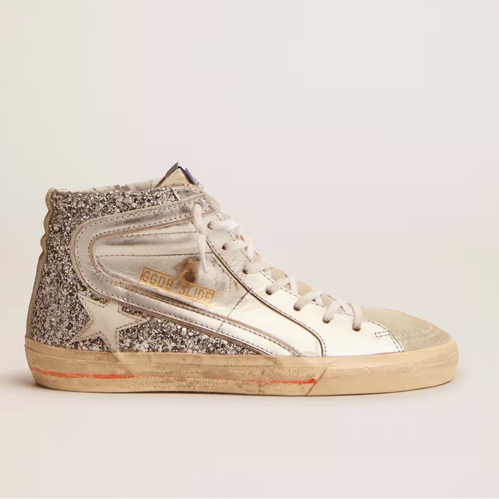 Golden Goose Women's Slide with laminated leather upper and silver glitter
